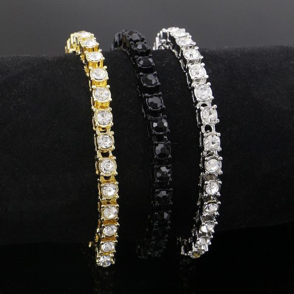 

hip hop bling iced out cubic zirconia bracelet tennis chain bracelets women men 1 row cz link chain jewelry gold silver black