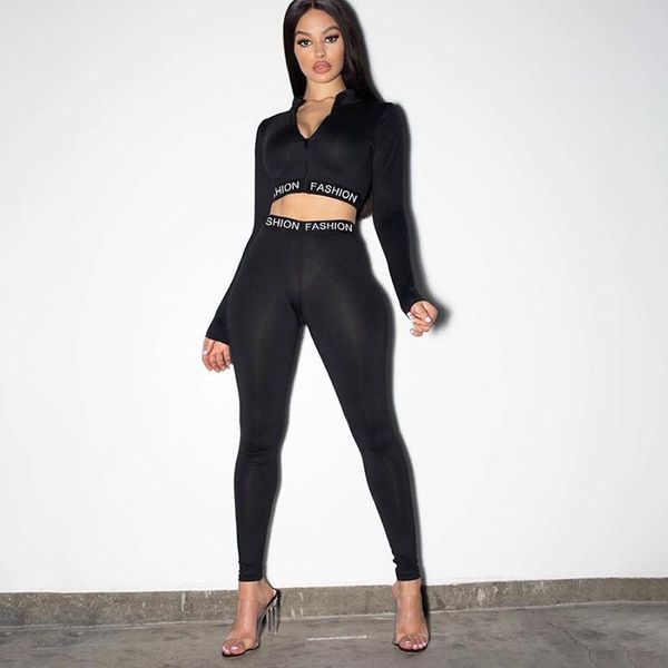 

autumn 2020 casual streetwear letter zipper midriff and pants two piece set women slim stretch fitness tracksuit outfits, Gray