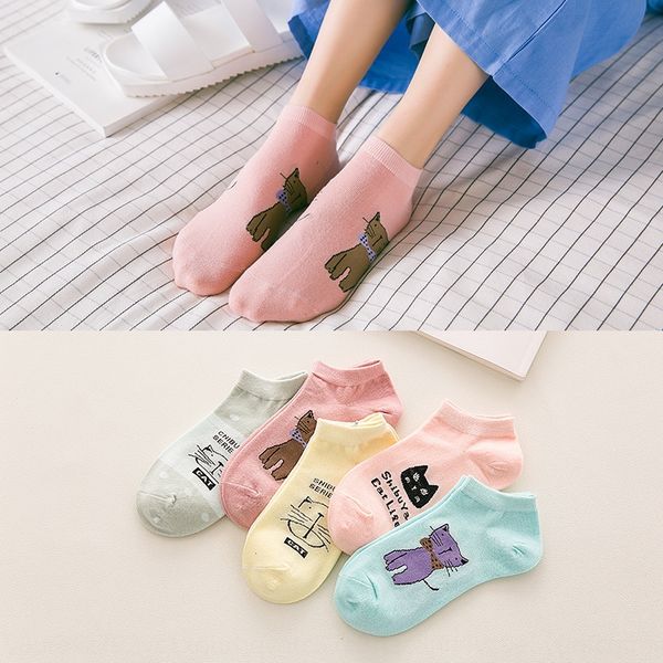 

spring and summer new lady candy color big boat sockscotton face cat children boat cotton socks women socks c2nm4, Black