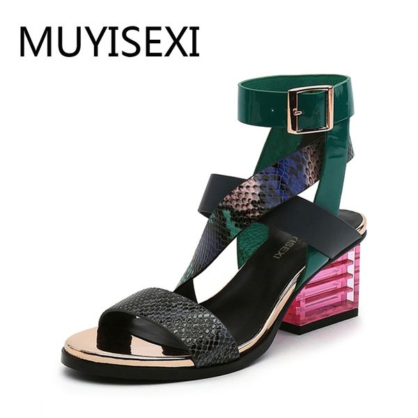 

gladiator sandals women mixed color cross strap transparent square heel genuine leather narrow band shoes hl157 muyisexi y200702, Black