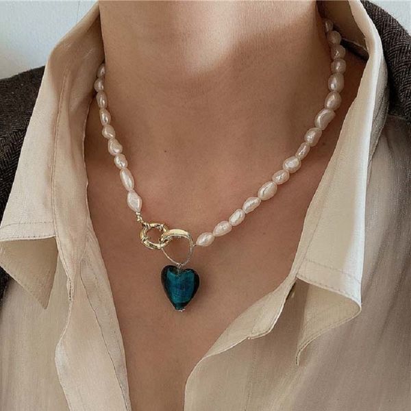 

korean pearl necklace blue love geometric necklace baroque pearl necklace, Silver