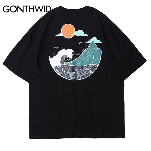 

harajuku japanese style mountain wave print short sleeve tees shirts hip hop casual streetwear men fashion summer kg-205, White;black