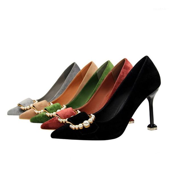 

dress shoes fashion women pumps string bead buckle high heel suede office ladies wedding stiletto tacones1, Black