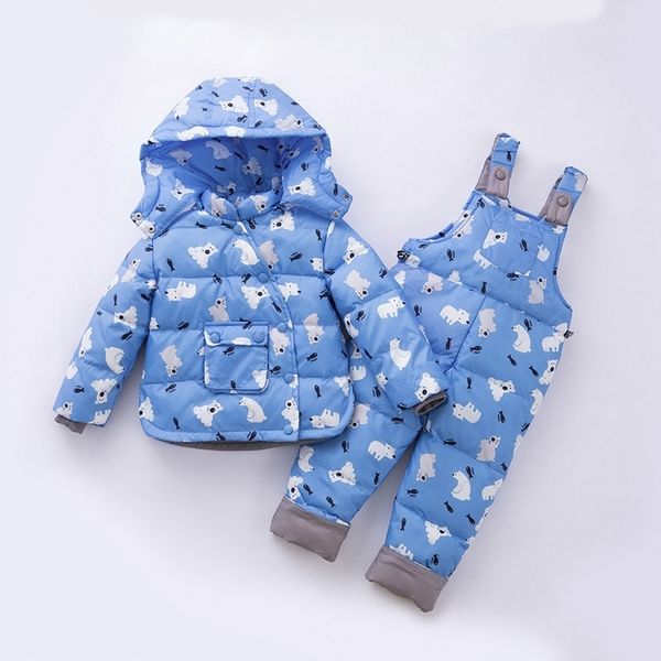 

winter children clothing set for baby girls boys kids ski suit overalls duck down coat warm snowsuits jackets+bib pants /set lj201202, Blue;gray