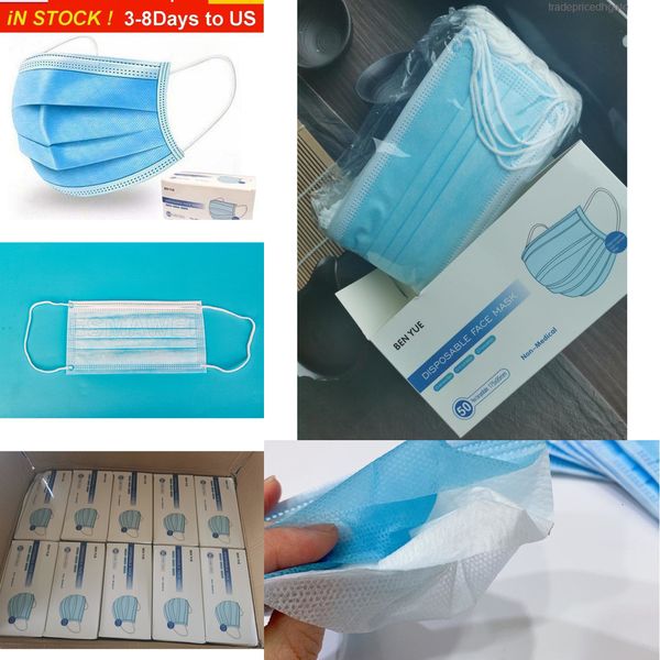 

us/eu days to 3-8 dhl/ups 50factory box disposable masks with elastic ear loop 3 ply breathable dust air anti-pollution face mask
