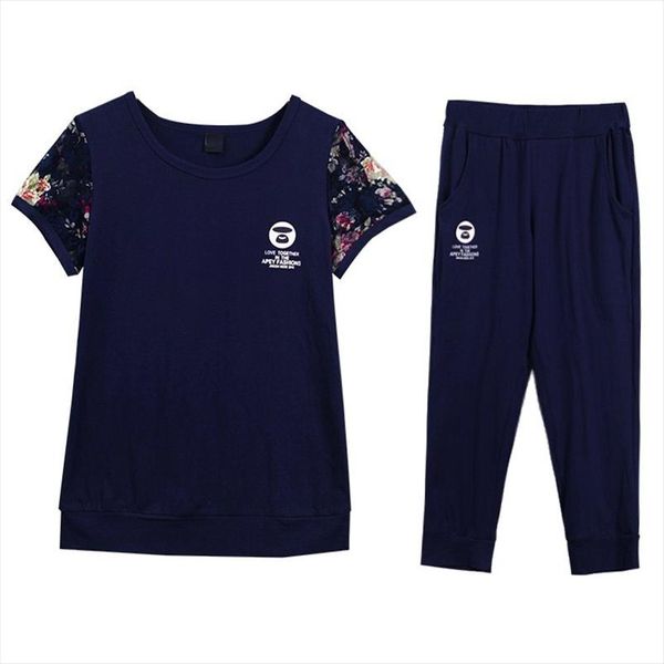 

new sports suit womens summer fashion casual running wear large size short sleeved two piece seven minute pants, Gray