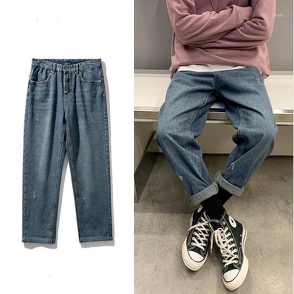 

men's solid color jeans casual straight mid-rise slim trousers jeans men's clothing1, Blue