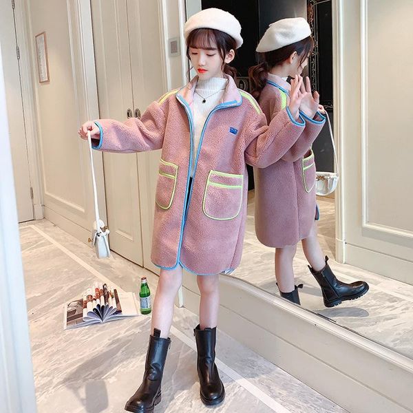 

children winter coat girl long sleeve zipper loose overcoat casual flannel medium length jacket brand kids thick warm outerwear, Blue;gray
