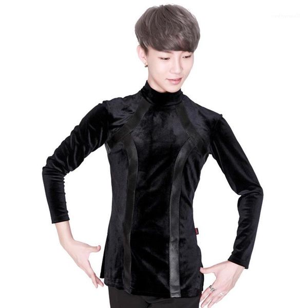 

stage wear latin dance velvet shirts for men long sleeve high collar male dancing competition costumes performance dn26321, Black;red