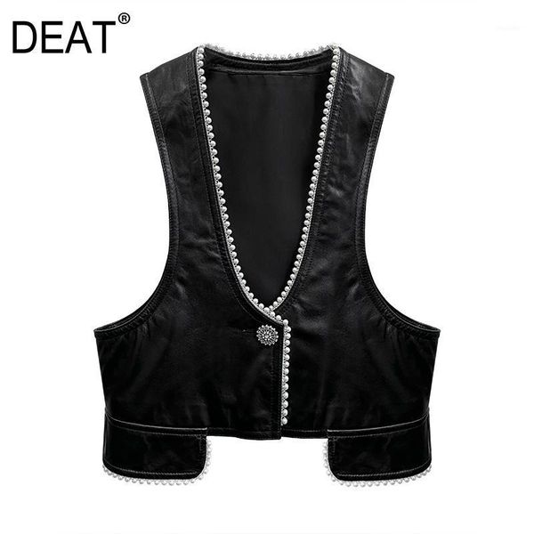 

deat new autumn and winter fashion casual pearl short v collar slim sleeveless leather coat leather vest women sf7241, Black;white