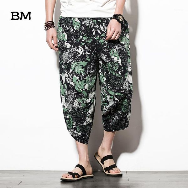 

2020 summer chinese style flower pants cropped trousers men fashion wide legs loose large size thin casual harem pants male1, Black