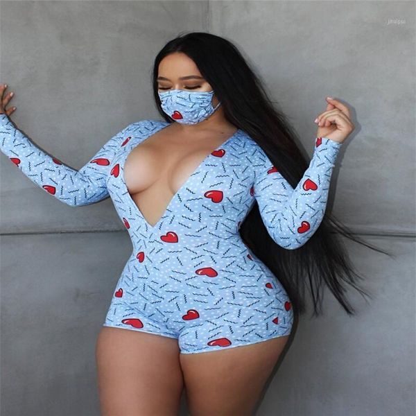 

lady deep v neck pajama bodysuit women long sleeve heart print bodycon playsuits sleepwear home causal beachwear with mask1, Black;white