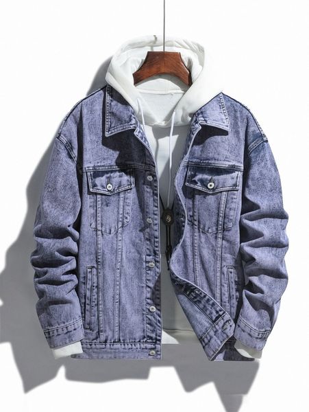 

men drop shoulder denim jacket without hoodie d4tp#, Blue