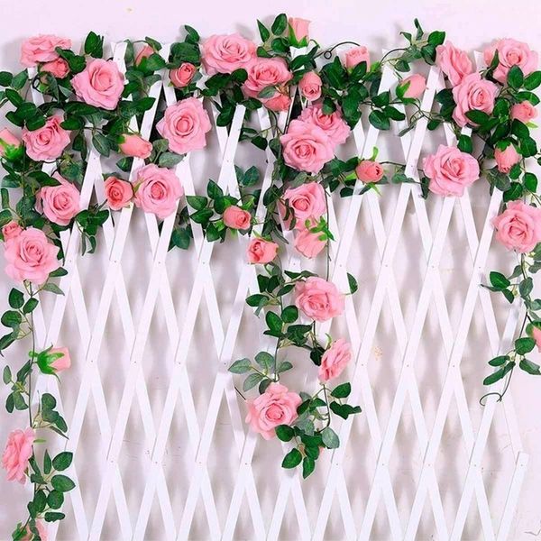 

2.4m silk artificial roses flowers rattan string vine with green leaves for home wedding garden decoration hanging garland wall