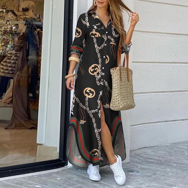 

elegant maxi beach dress women button down long shirt dress summer chain print lapel neck party dress casual long sleeve vestido t200911, Black;gray