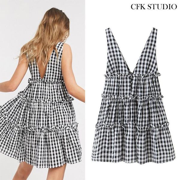 

2020 za women mini dress with halter neck plaid print button in back vest dress summer sleeveless ruffles pleated minidress, Black;gray