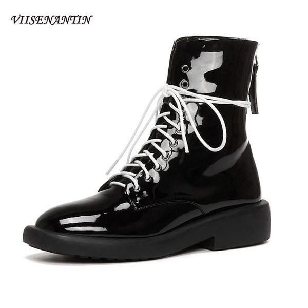 

autumn winter new style handsome all-match bright leather thick-soled women ankle motorcycle boots female lace up short boots, Black