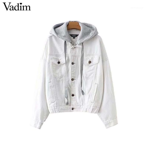 

vadim women elegant hooded loose denim jacket coats pockets bow tie pleated coat ladies white outerwear oversized ca1421, Black;brown