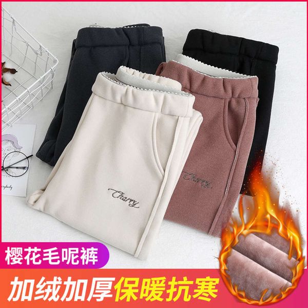 

casual autumn and winter new sweet thickened cashmere net red cherry blossom tweed pants 2020 large capris, Black;white