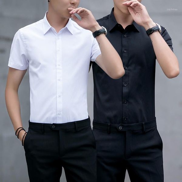 

2021 new fashion men cotton short sleeve shirt solid slim business formal shirts for spring autumn casual shirts 1, White;black