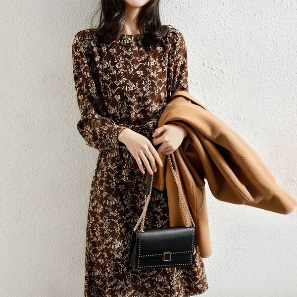 

2021 new floral long sleeve midi slim korean fairy spring one-piece dress casual office women clothing t1zw, Black;gray