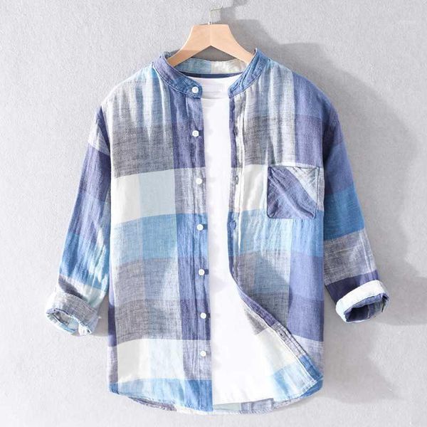 

2020 summer new three-quarter sleeve linen plaid shirts for men brand cotton shirt men stand collar casual shirt mens chemise1, White;black