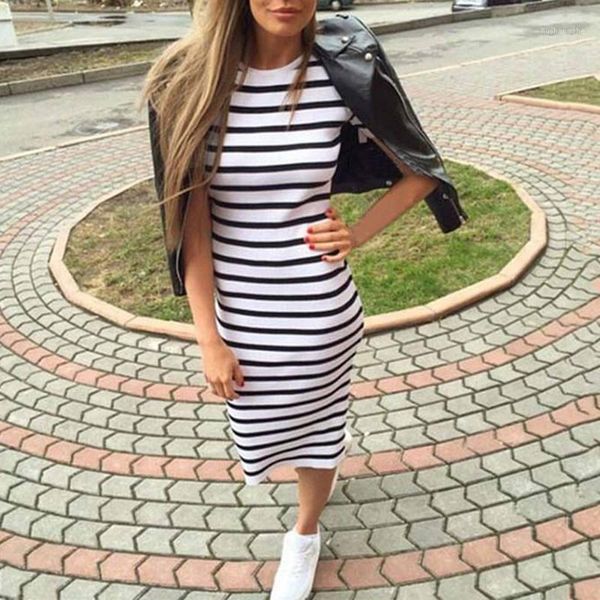 

zsiibo 2020 summer fashion stripe summer dress women long maxi boho sundress slim beach cotton loose casual dresses1, White;black