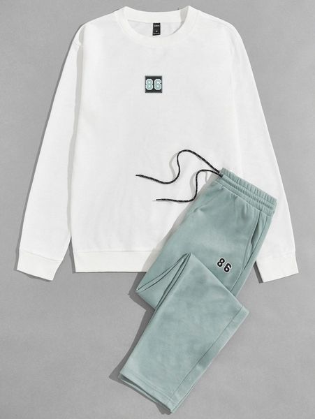 

men number print sweatshirt & drawstring waist sweatpants 98oy#, Gray
