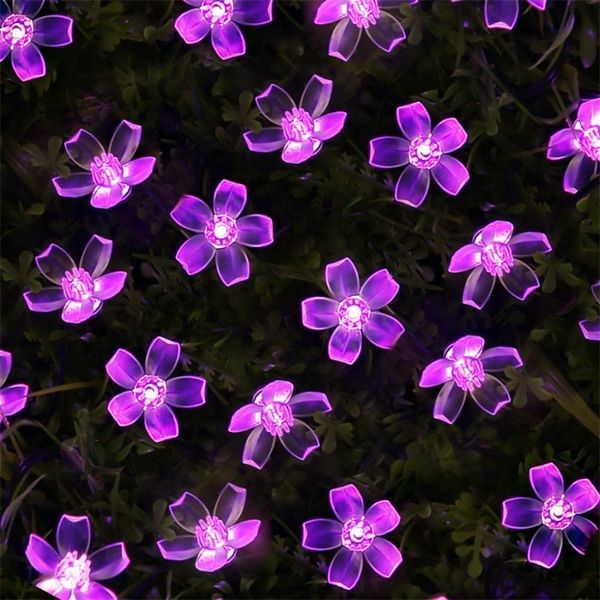 Flor de cerejeira Flor Guirlanda bateria conduzida conduzida luzes de fadas de corda flores de cristal para decoradores de Natal de casamento interior roxo Y201020