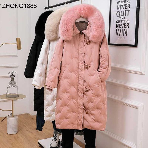 

real fur collar hood warm thick white duck down coat 2020 women's autumn winter down jacket long cow's horn button size1, Black