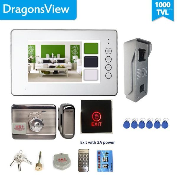 

dragonsview 7 inch video door phone intercom system with electronic lock exit button white monitor silver doorbell1