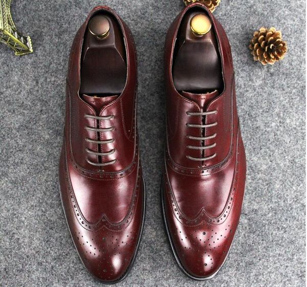 

wedding dress shoes men lace up genuine leather pointed toes carved brogues formal business breathable groom low heel shoes, Black