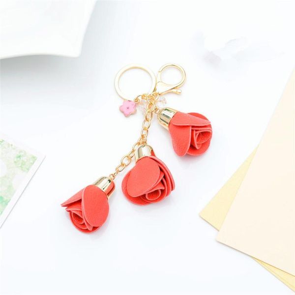 

leather camellia flower keychain bag pendant car key ring for women bag charm trinket accessory key ring holder eh879 h bbysxl, Silver