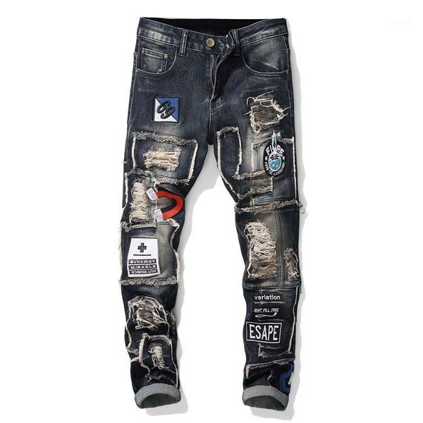 

men's ripped distressed jean pants slim straight denim biker trousers hi-street patchwork jeans pencil pants for male1, Blue