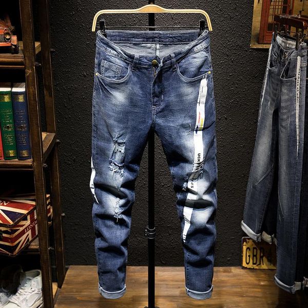 

men jeans autumn fashion casual slim-type denim pants 2019 new man button zipper pocket bleached hole streetwear denim trousers1, Blue