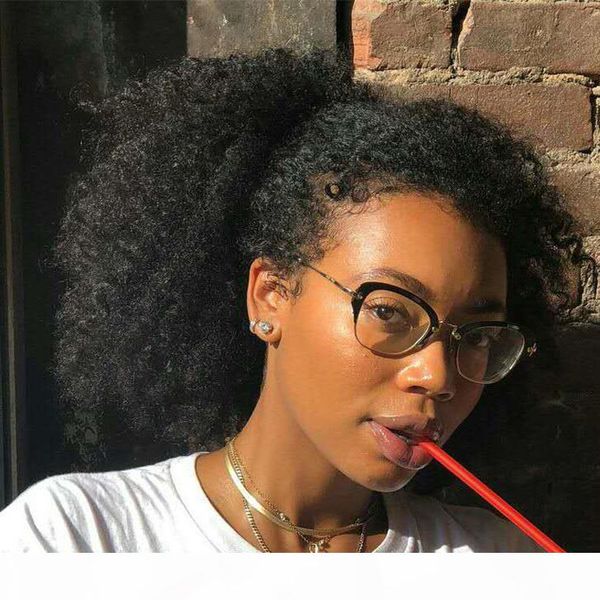 

140g afro puff kinky curly human hair ponytail andromeda curly hair hairpieces with elastic drawstring clips for african american women, Black