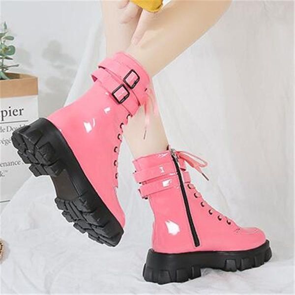 

2020 spring autumn leather shoes women fashion motorcycle ankle boots female square lace up platforms boots woman botas mujer, Black