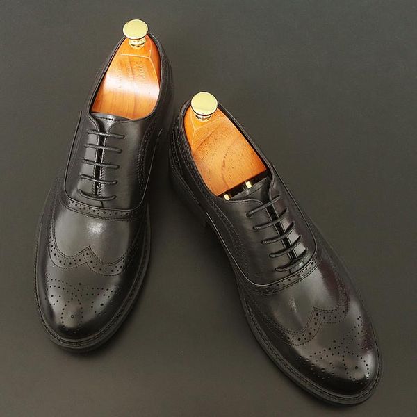 

brogue carved men shoes genuine leather british formal dress shoes leisure wedding party man oxfords, Black