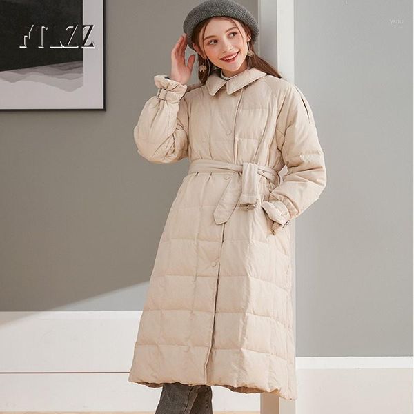 

new women white down puffer jacket winter slim with blet a line long down coat female single-breasted korean parkas warm outwear1, Black
