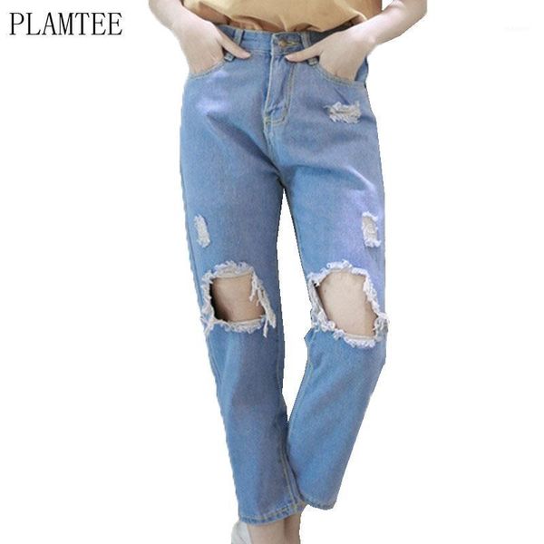 

new 2020 spring worn knee-piercing jeans pant loose slim denim pants plus size high waist trouser women ripped jeans femme1, Blue