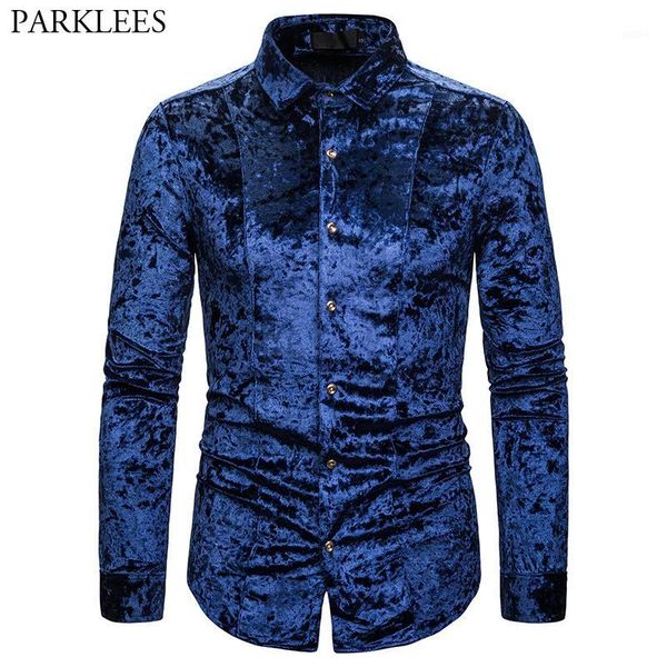 

royal blue velvet velour shirt men 2020 autumn new slim fit long sleeve mens dress shirts casual button down chemise homme1, White;black