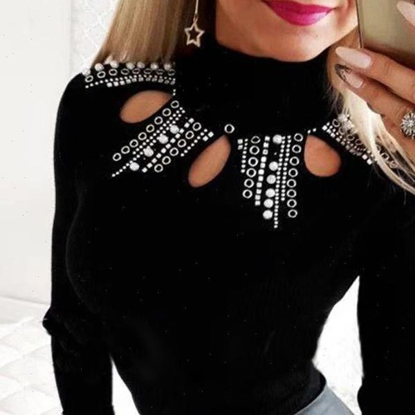

fashion diamond hollow blouse casual winter ladies o neck slim bottom female women long sleeve shirt blusas pullover, White