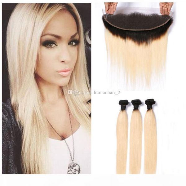 

ombre blonde brazilian virgin hair with frontal closure 13*4 full lace frontal with bundles 3 pcs human hair weaves straight with frontals, Black;brown