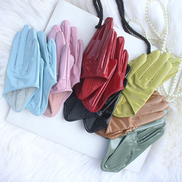 

ladies genuine patent leather half palm sheepskin colorfashion stage women' motorcycle gloves customized, Blue;gray