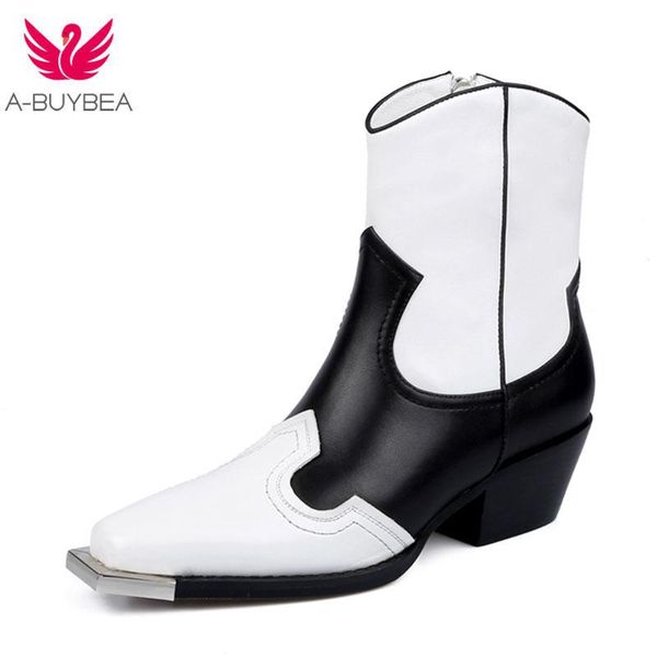 

натуральная кожа ретро западной сапоги коренастый пятки ботильоны для женщины площади toe casual ковбой женская обувь женский новые, Black