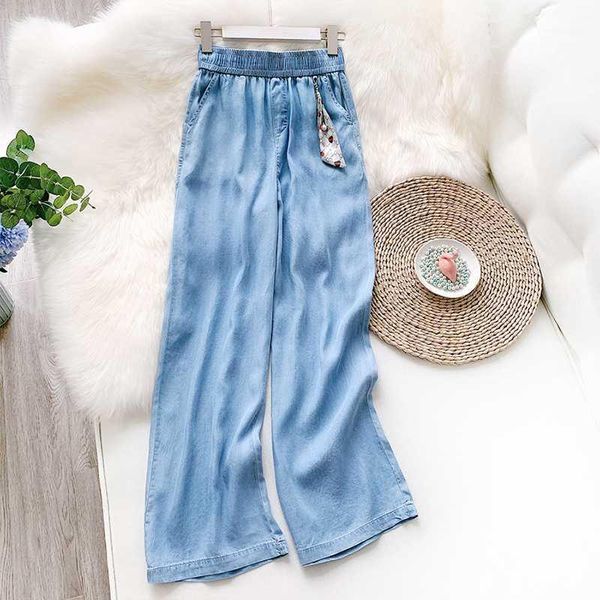 

2020 new jeans women's high waist straight loose drape summer thin wide leg pants ice silky long pants1, Blue