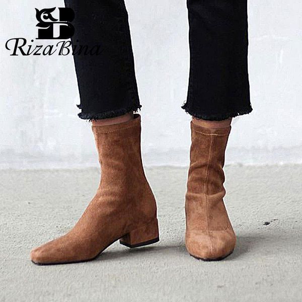 

boots rizabina women ankle stretch solid color vintage square toe low heels footwear size 35-391, Black