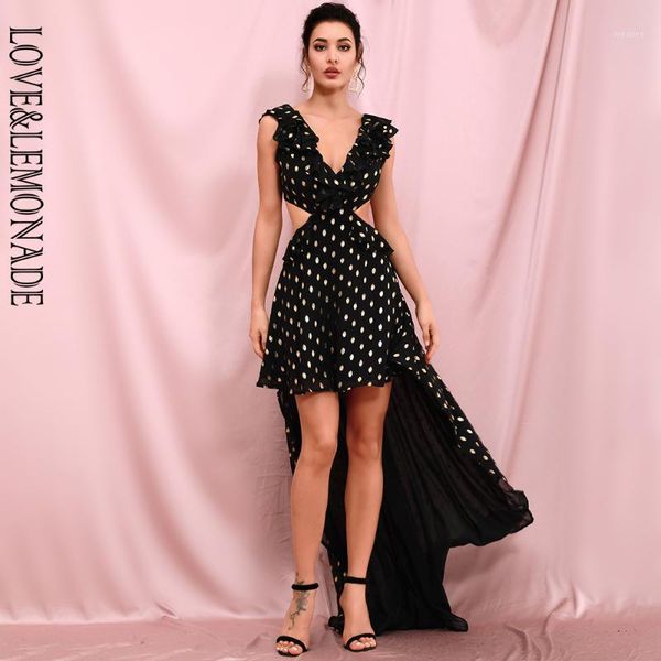 

love & lemonade black deep v-neck open back ruffled cut out golden dot chiffon dress lm823681, Black;gray