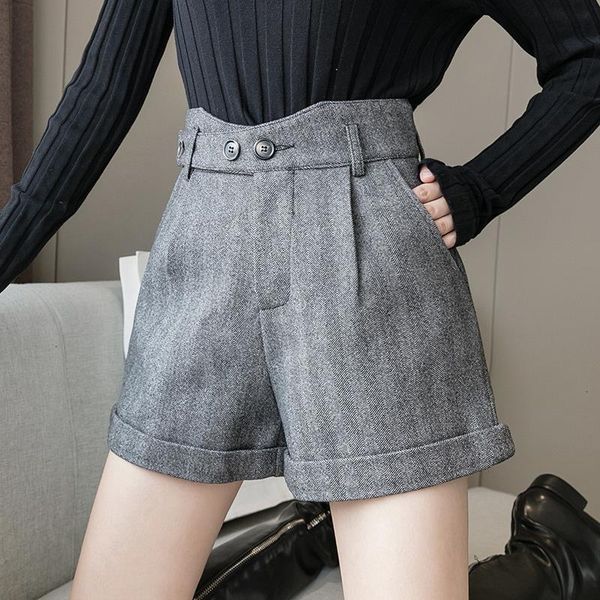 

new high waisted women's shorts vintage button gray black shorts female loose wide leg short feminino woolen winter woman shorts, White;black
