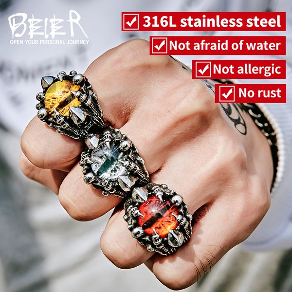 

beier punk rock claw with three zircon stone evil eyeball cz ring men anniversary biker skull jewelry christmas gift br8-479, Golden;silver